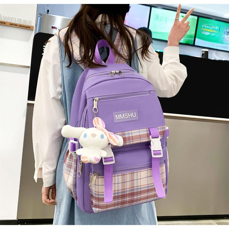 4pcs Elementary School Ultra Light Checkered BackpackWomen's Four Piece Oxford Wear-resistant SetHigh Capacity Backpacks for Middle School Students