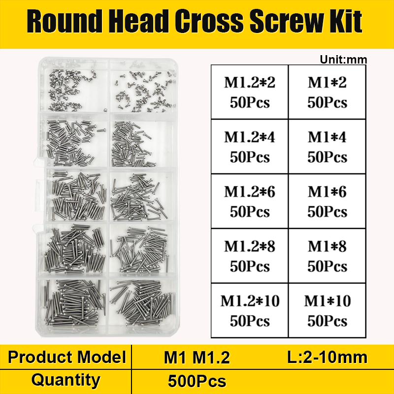 500/320pcs 304 Stainless Steel Cross Round Pan Head Phillips Machine Screw Button Head Cap Cross Bolt M1 M1.2 M1.4 M1.6 M2.5 M3