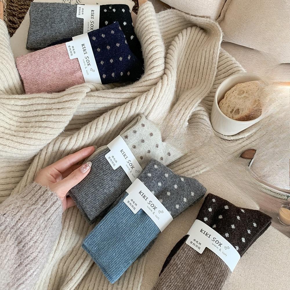 Warm Wool Socks for Women, Mid-calf Socks for Autumn and Winter, Thickened Color-blocked Polka Dot Winter Long Socks, Pile Socks