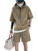 Men Summer Tracksuit Shorts Set Hooded T Shirt Zipped + Matching Shorts Solid Cargo Large Size Casual Suit