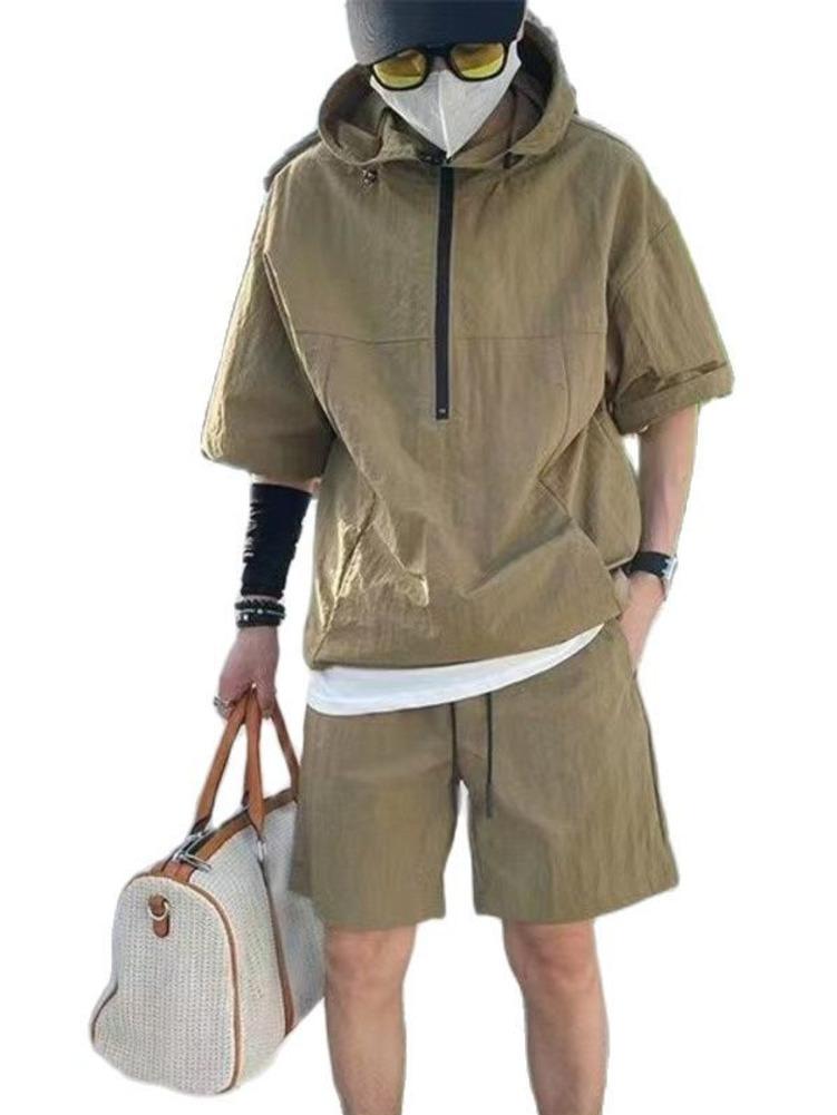Men Summer Tracksuit Shorts Set Hooded T Shirt Zipped + Matching Shorts Solid Cargo Large Size Casual Suit