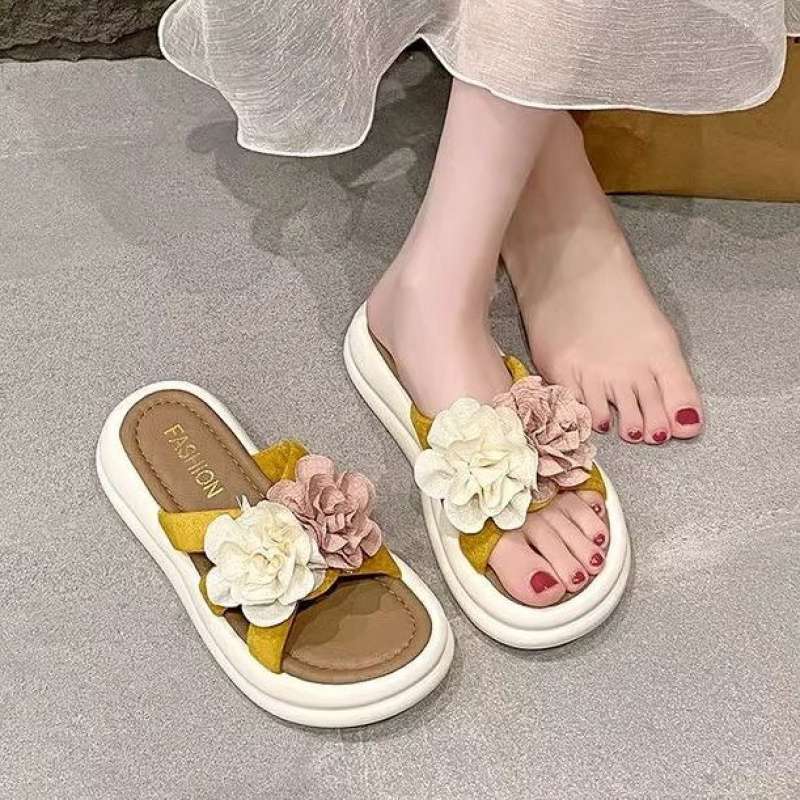 Sweet Flower Cross with Open Toe Slippers Women's Summer Out 2025 New Korean Version of Super Fairy Height-enhancing Cool Slippers