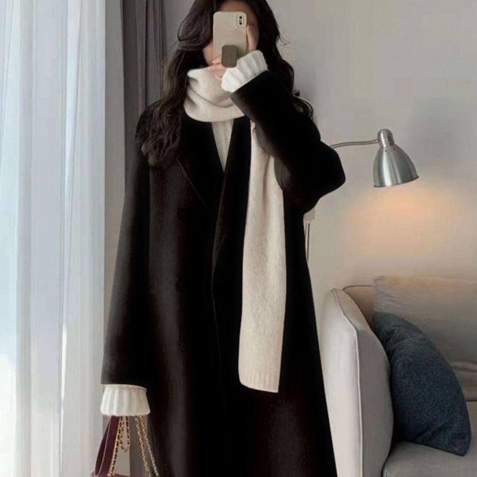 Oatmeal White Woolen Coat for Women Autumn Winter Mid-Length Over-the-Knee Slim-Fit Korean-Style High-End Woolen Outer Wear
