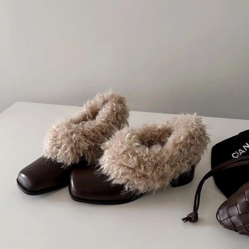 Fashion Women's Fashion Thick Heel Cotton Shoes Winter New Square Head Deep Mouth Leather Anti-slip Wear Woolen Shoes