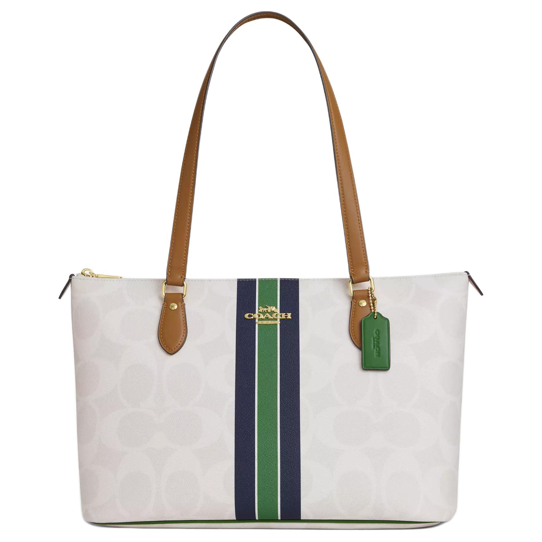 Coach Gallery 37 Striped Print Tote Bag Women tote Gold White CBM18-IMCAH Basic Set (Bag+Dust Bag)
