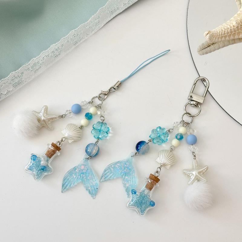 Fantasy Ocean Drift Bottle Keychain Fishtail Starfish Charm Pendant Keyring Jewelry For Girl Women Gift Bag Decoration