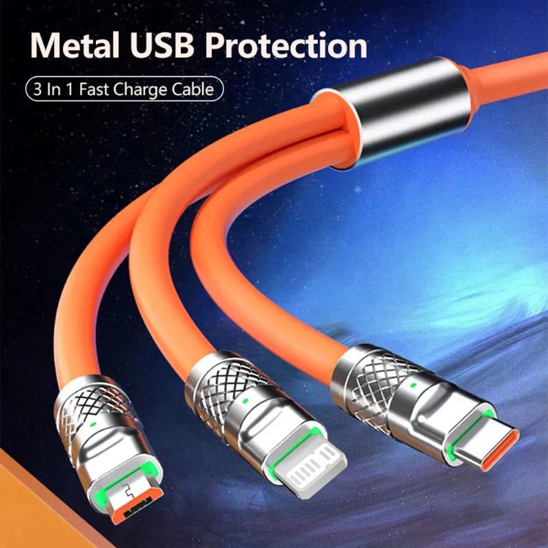 3 in 1 USB Cable 6A 120W USB Cable Fast Charging Data Cord For Iphone Samsung Huawei Xiaomi Multi Port Multiple Charging Wire
