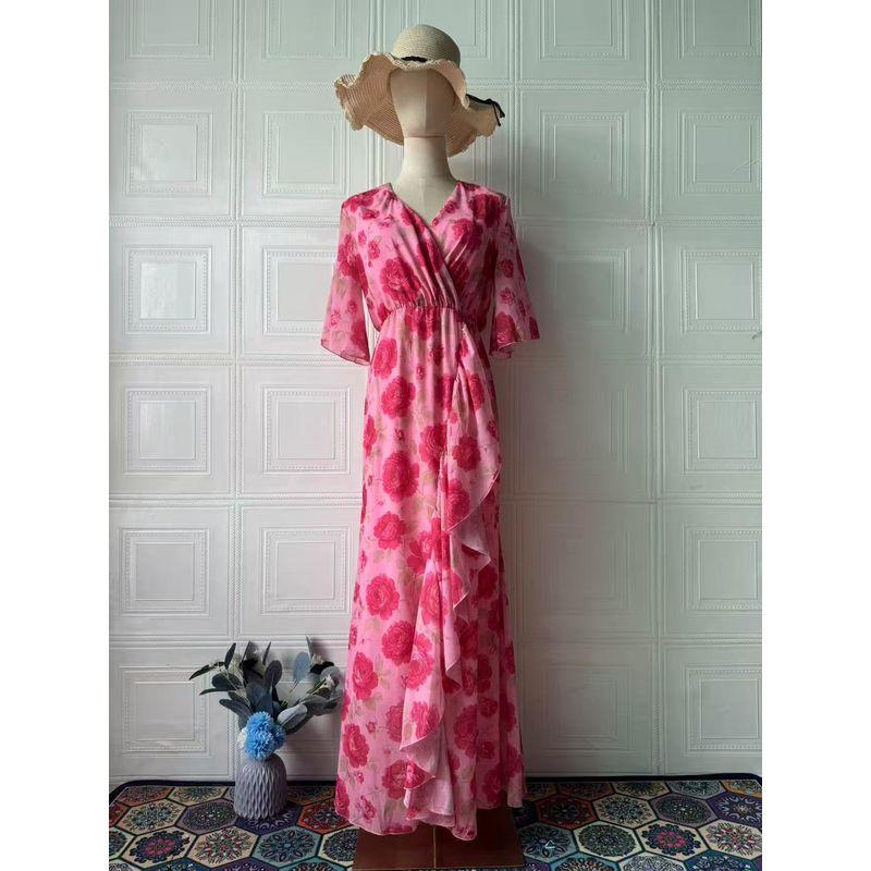 

Fashion Wind New Arrival Sweet Sexy V-neck Short Sleeve Waist-Controlled Plaid Dress V-Neck Printed Dress Pink 2XL