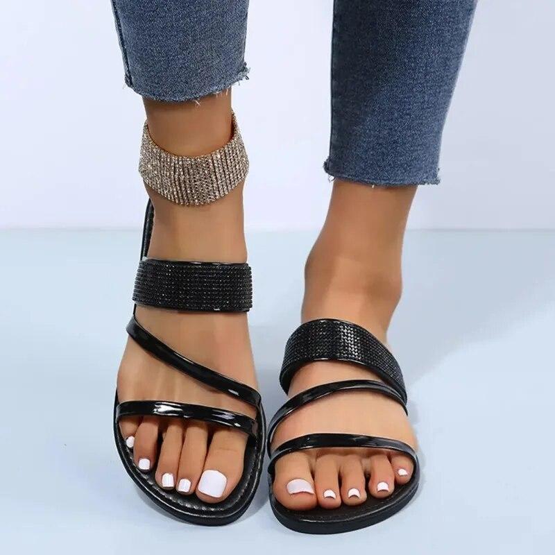 Sandalias de verano para mujer, sandalias planas con diamantes de imitación brillantes, zapatos casuales brillantes para la playa