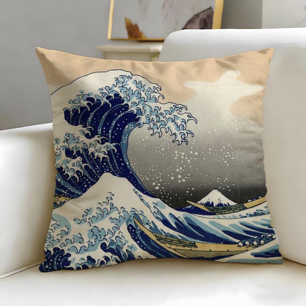 Classic Art Theme Japanese Waves Cushion Cover Soft  EasyWash Pillow Case  Versatile for Couch Bed Travel and Office