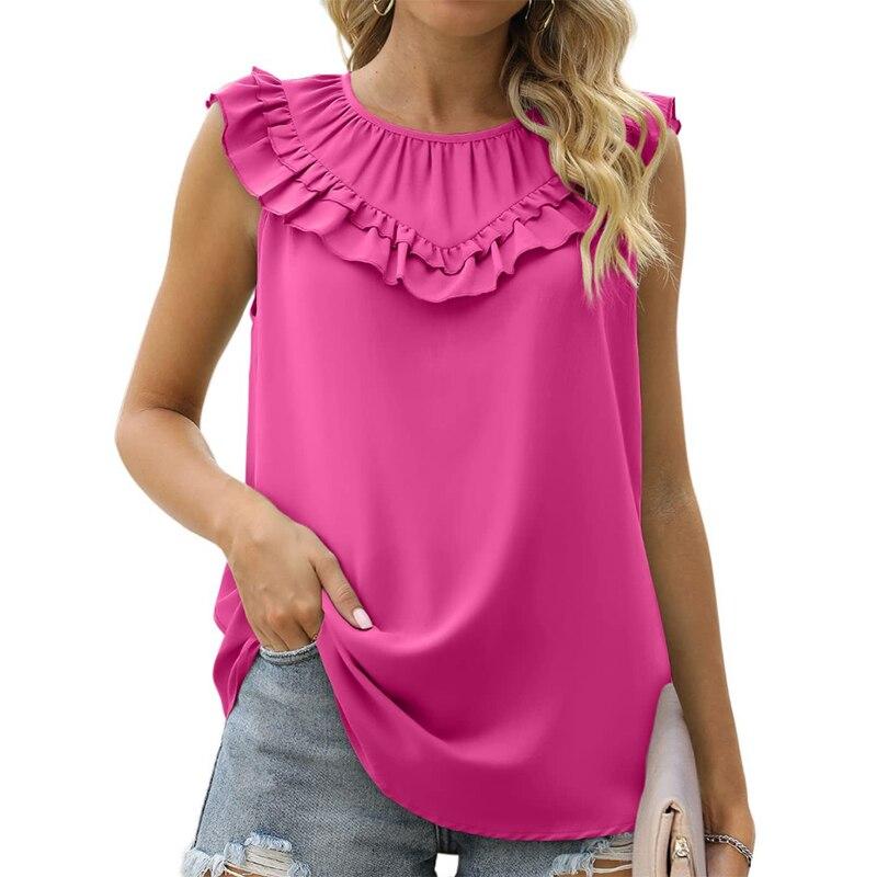 Summer Ruffles Loose Sleeveless White Shirts Women Elegant Casual Chiffon Blouse Women Solid O Neck Tops Shirt Blusas  25556