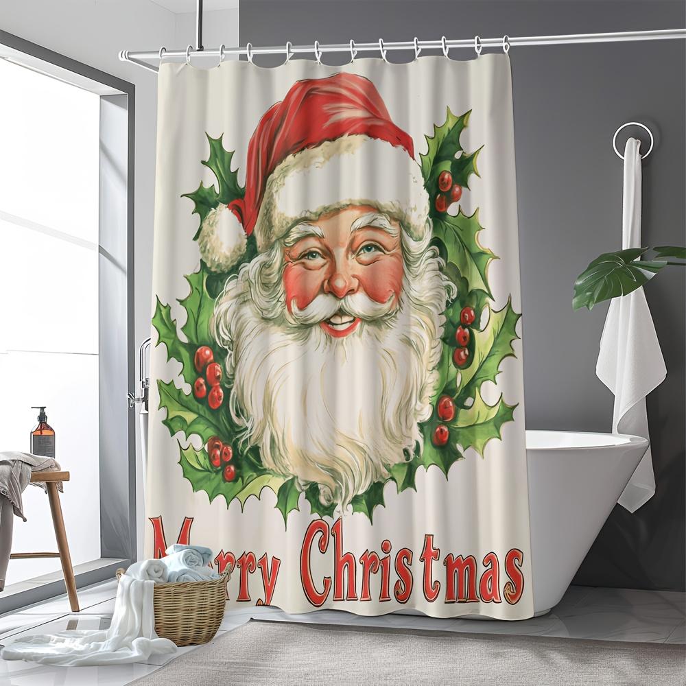 

Classic Santa Claus Shower Curtain - Holly & Berry Frame, Festive Christmas Art For Cozy Bathroom Decor W60H190(CM)-1 Pcs