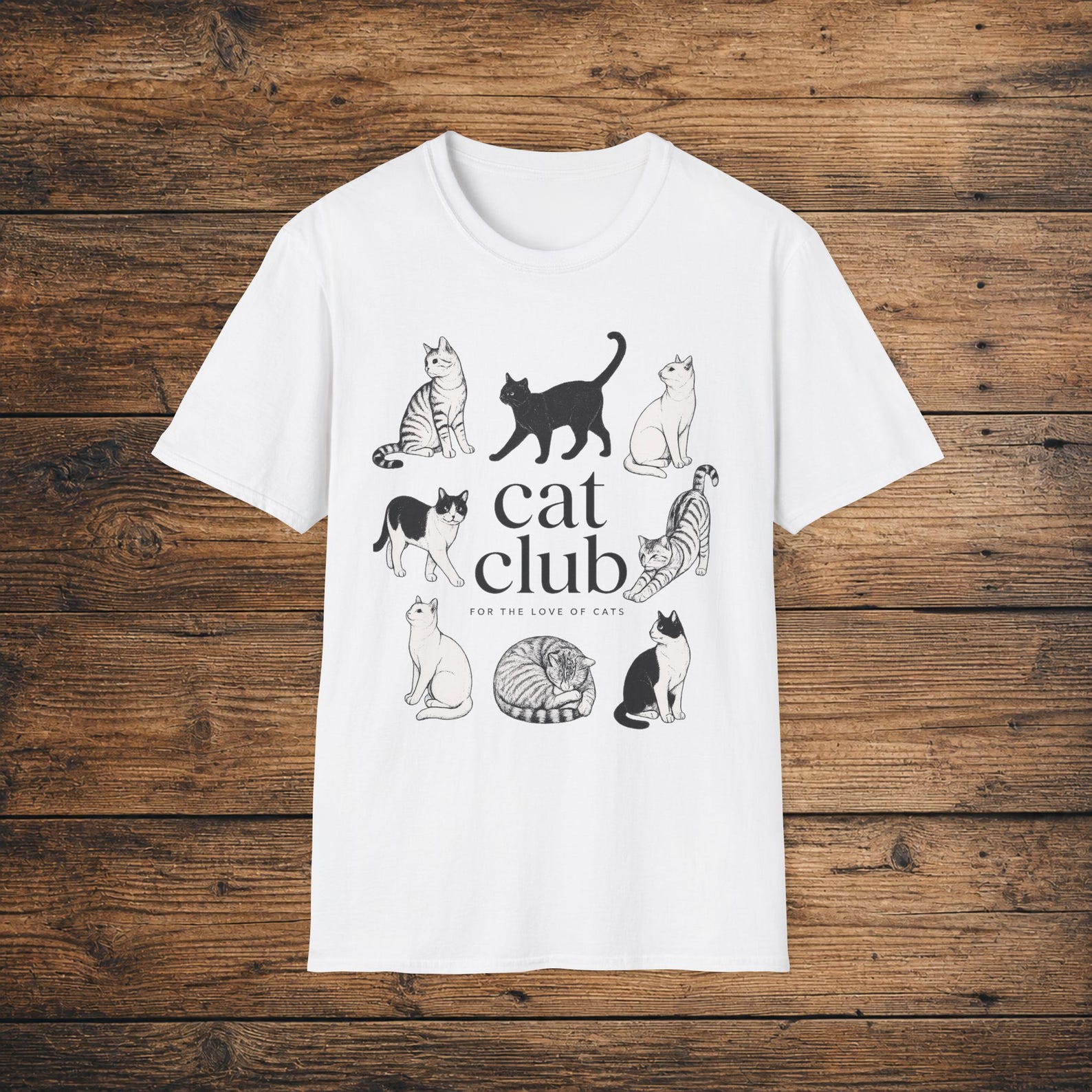 Cat Club Illustrated Feline Graphic Tee, Vintage Minimalist Kitty Shirt M