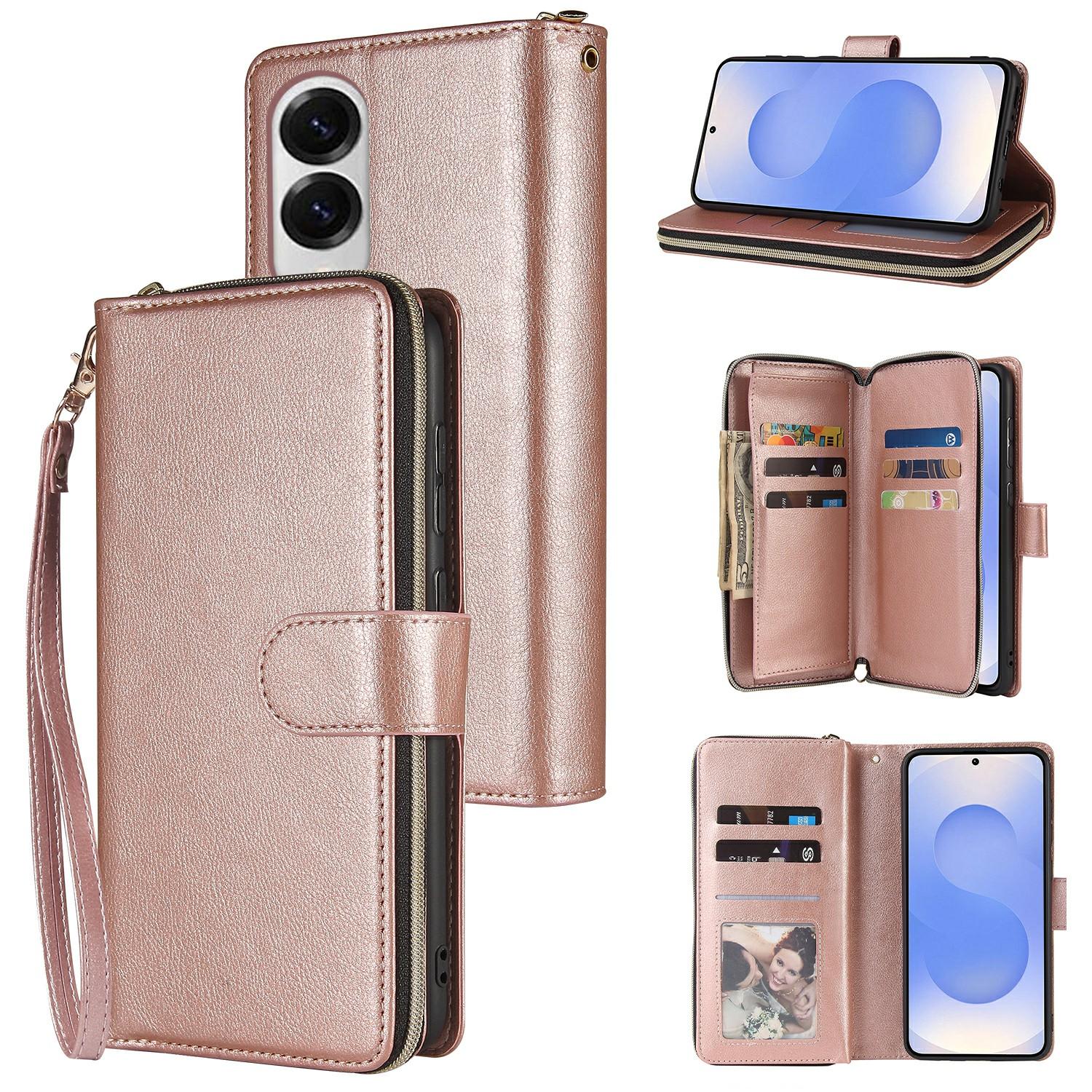 

For Samsung Galaxy S25 Edge Case Zipper Pocket PU Leather Phone Cover with Hand Strap Rose Gold