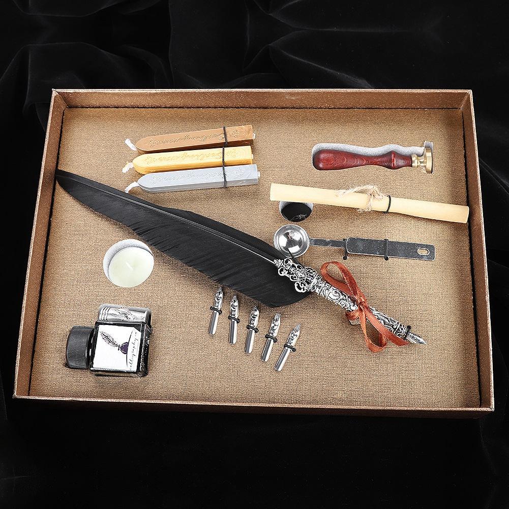 Retro Quill Feather Writing Pen Gift Box with Empty Ink Bottle Quill Set for Friends Black