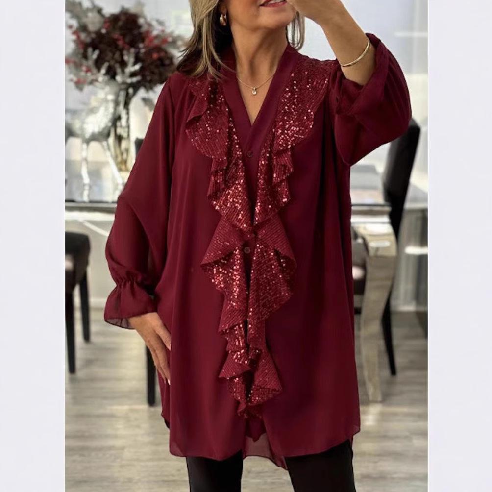 2024 V-neck Chiffon Long Sleeve Mid-length Shirt with Sequin Patchwork for Women