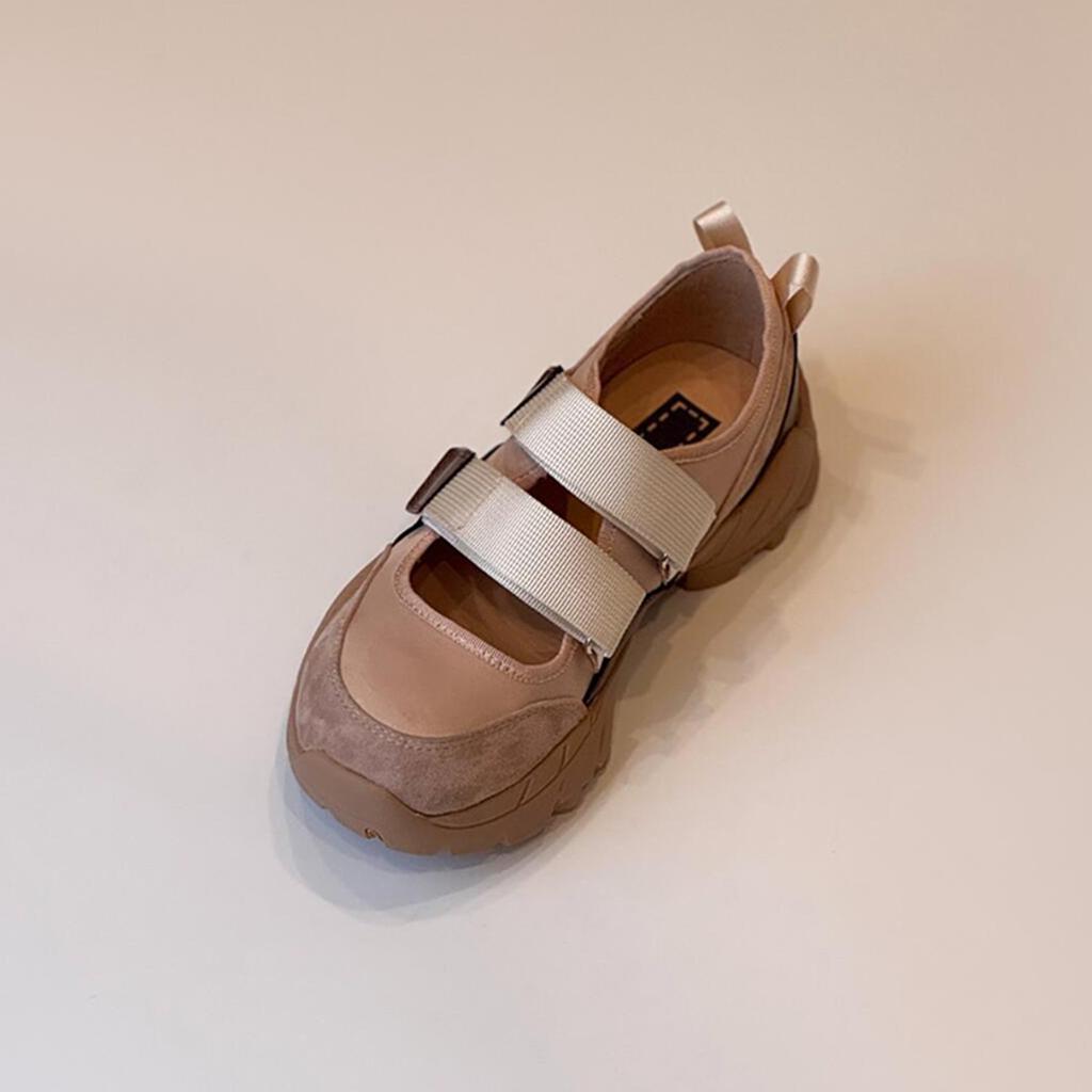 Sheepskin version~ Retro sports versatile Velcro thick sole inner height increase leather round head ballet Mary Jane single shoes