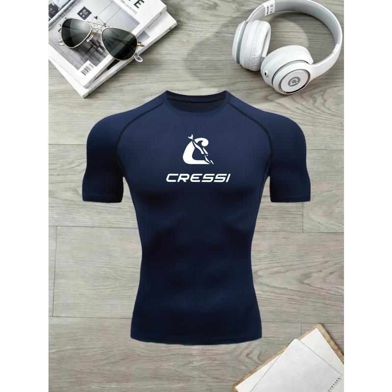 Herren Kompressionsshirt Schnelltrocknend Marineblau Fitnessstudio T-Shirt "Cressi" Aufdruck Workout Sportbekleidung