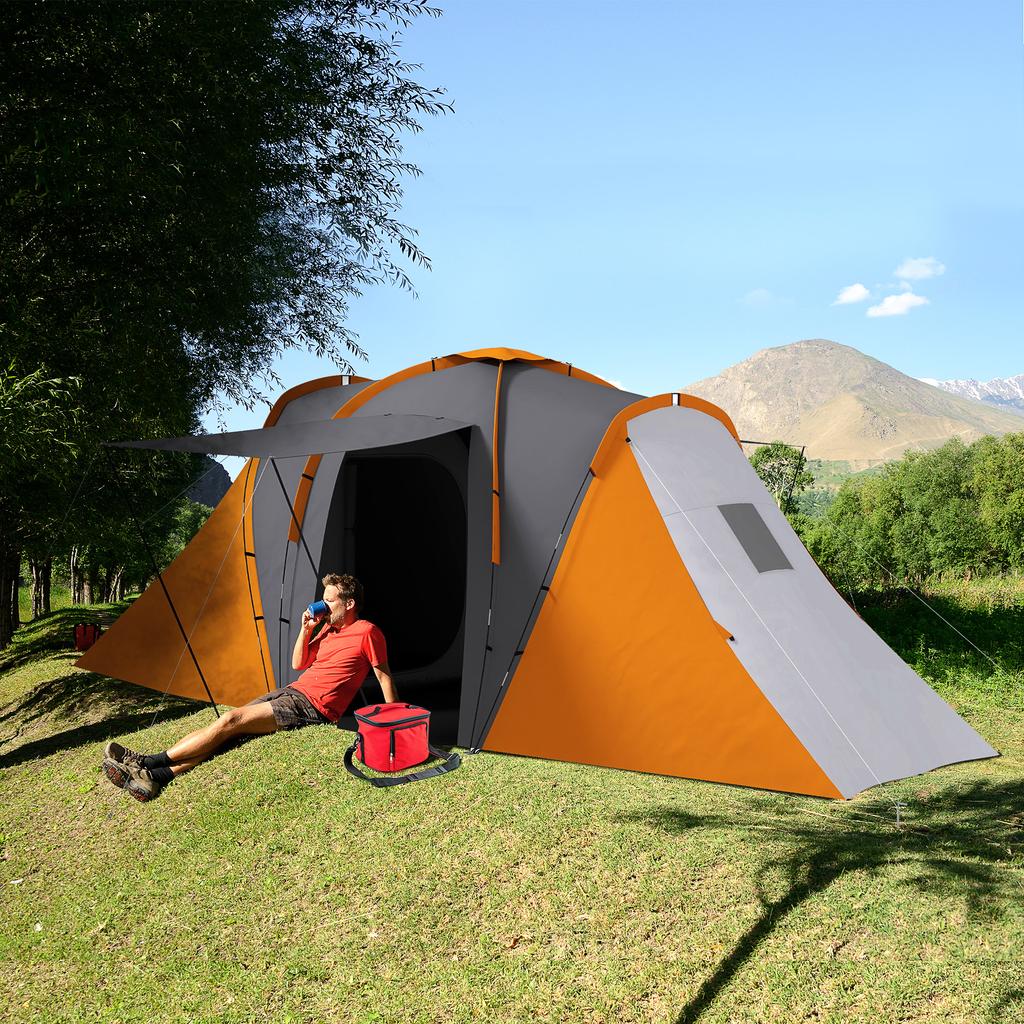 Großes Campingzelt Tunnelzelt mit 2 Schlafzimmern und Wohnbereich, 2000mm Wasserdicht, Tragbar mit Tasche für 4 Personen, Orange