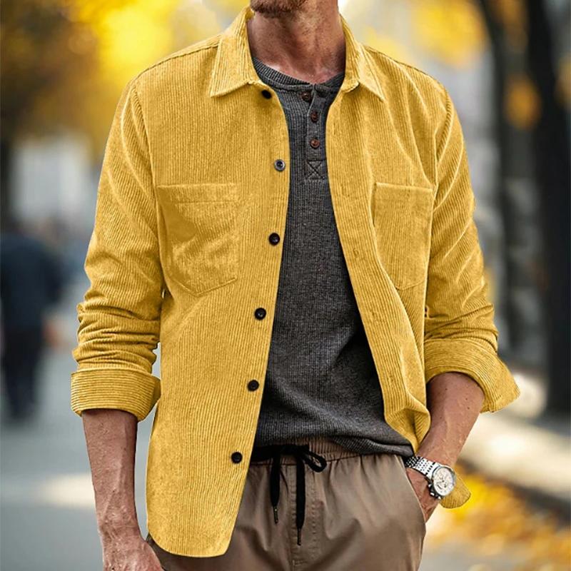 Spring Fall Daily Leisure Mens Shirts Corduroy Solid Color Pockets Button-Up Shirt Jacket Men Streetwear Long Sleeve Shirt
