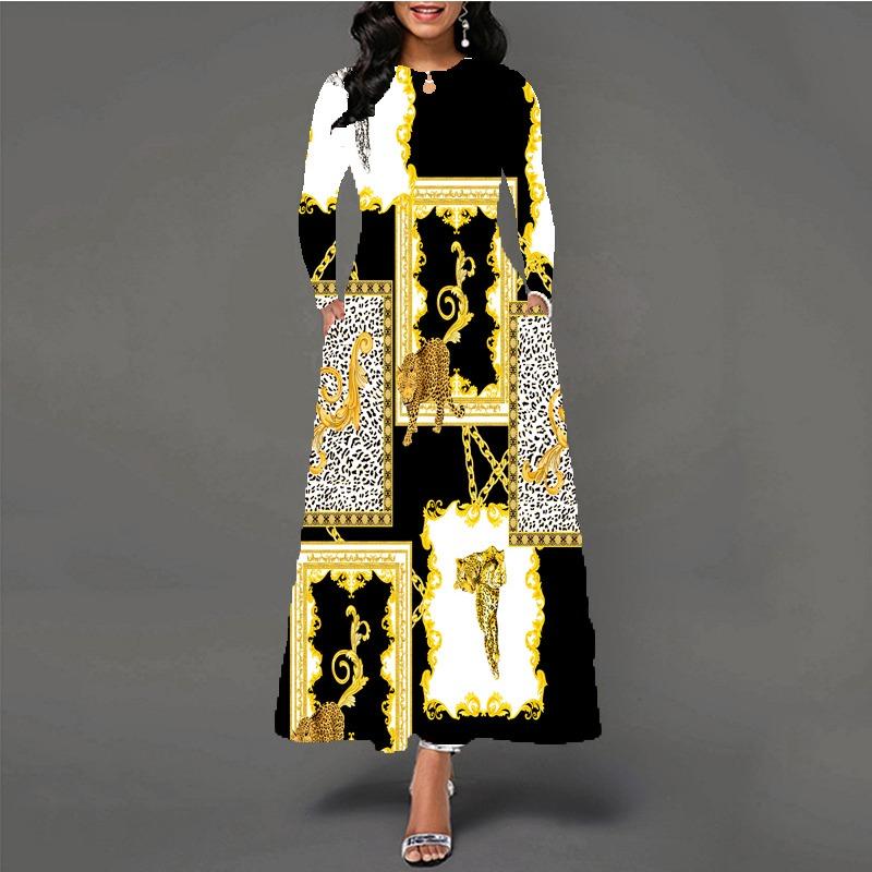 Women's large-size dress digital printing long-sleeved pendulum D temperament elegant