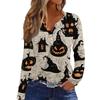 Women's Halloween Print V-Neck Long Sleeve T-Shirt with Button for Casual Holiday Wear