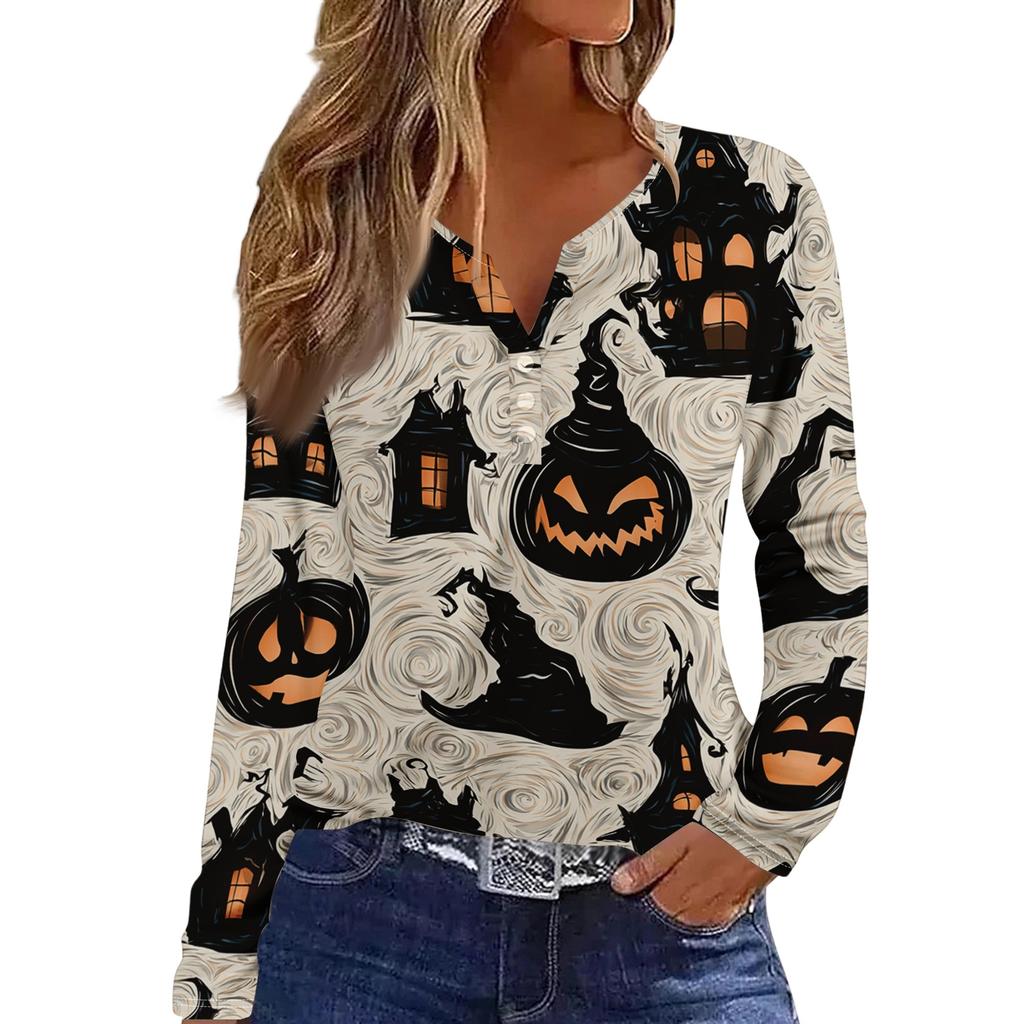 Women's Halloween Print V-Neck Long Sleeve T-Shirt with Button for Casual Holiday Wear