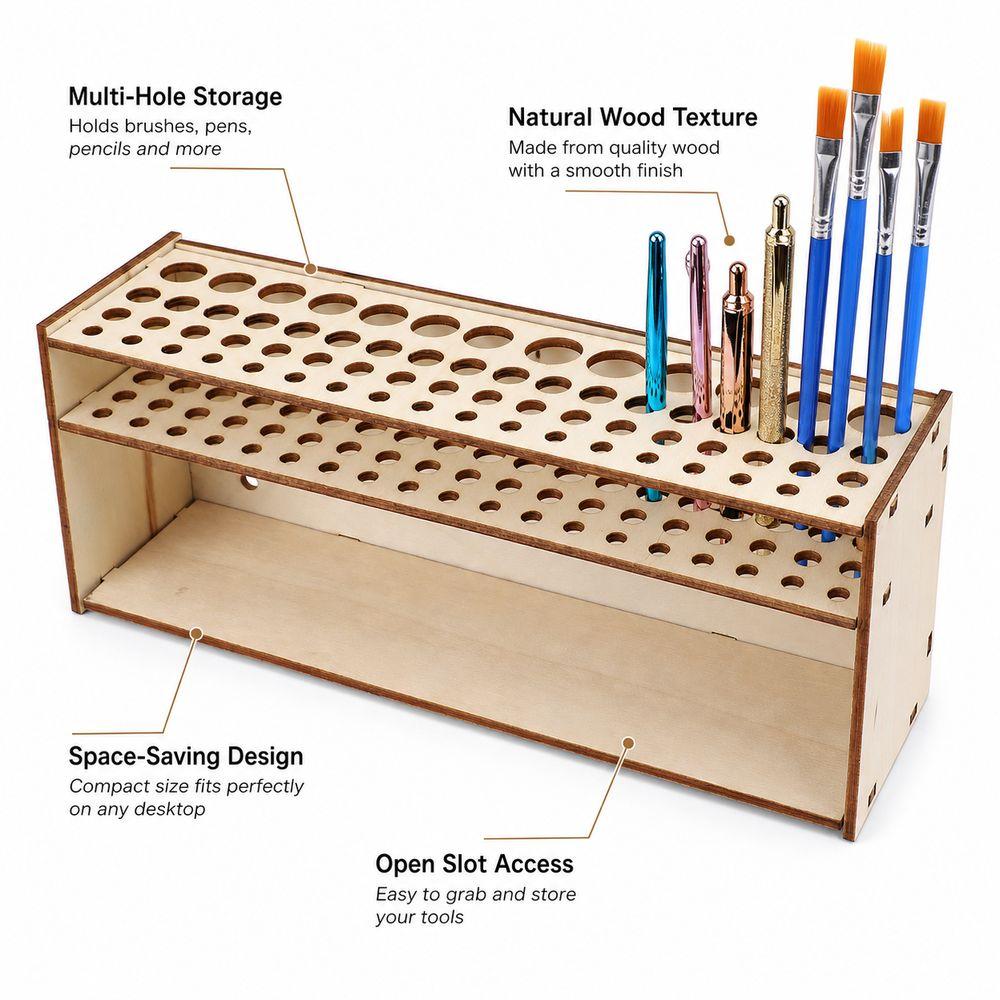 Multi Hole Paintbrush Organizer Wooden Brush Storage Rack New Pencil Holder Desk Organization