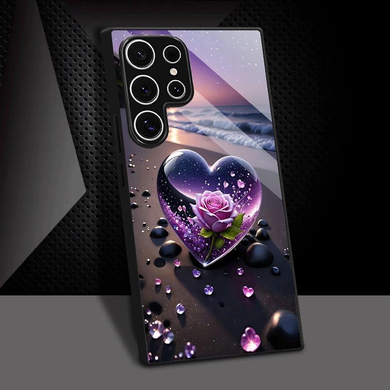 Heart Crystal Rose Sea Pattern Tempered Glass Phone Case For iPhone 17 16 15 14 13 12 11 Pro Max 17 Air 7 8 Plus XR XS X Cover