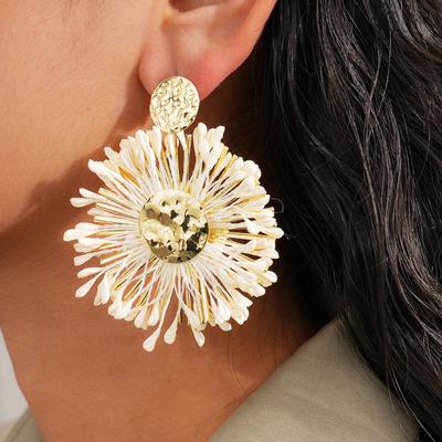 Multi-color Raffia Earrings Round Shape Firework-Shaped Dangle Earrings Alloy Material Handmade Drop Earrings Beach Holiday