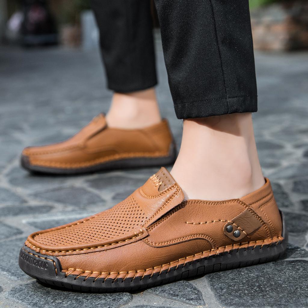 Hollow hand-stitched men's shoes outdoor casual shoes one-pedal flat-soled leather shoes low-top large-size loafers
