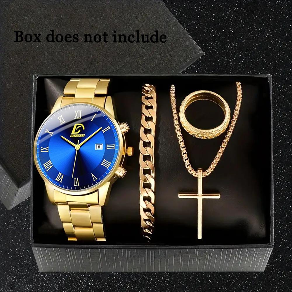 Men's 4-Piece Fashion Watch Set with Quartz Movement: Alloy Case, Stainless Steel Strap, Date Feature, Includes Watch, Bracelet, Cross Necklace, Ring