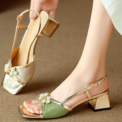 Chinese-style Retro Pearl Sandals for Women, 2025 New Summer Wear, Mid-thick Heel, Fashionable and Simple Sandals for Women
