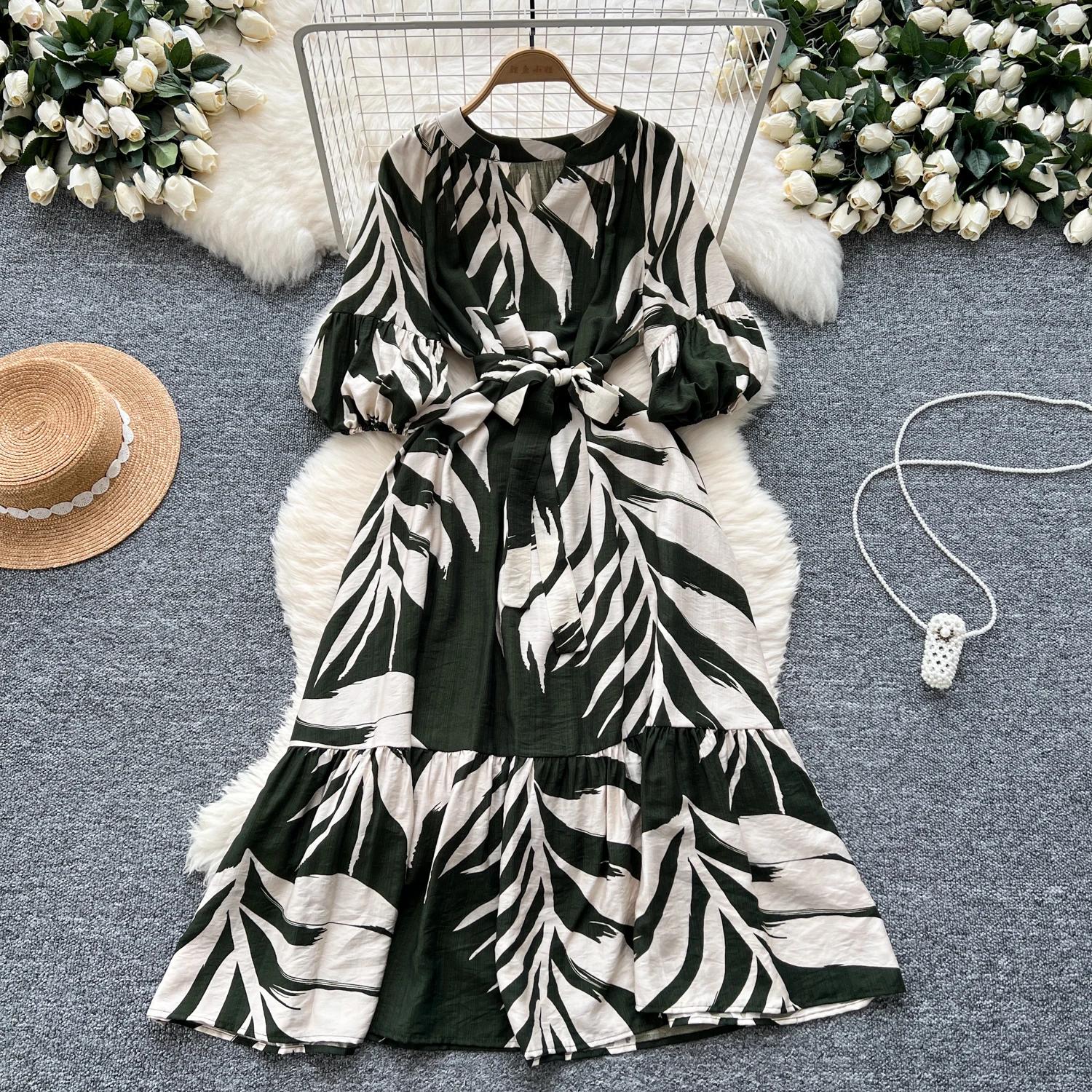 

Елегантні рукави-ліхтарики Вінтажний V-подібний виріз Шикарний принт Тонкі бандажні довгі сукні А-силуету Французький вечірній осінній одяг на шосе One Size армія зелений колір