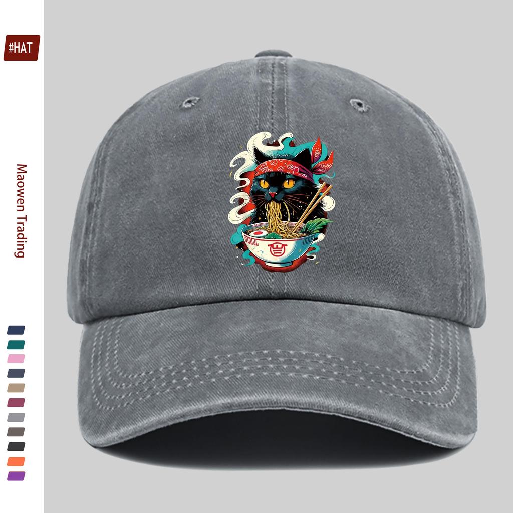 pc Japanese Anime Cat Ramen Print Trucker Cap Adjustable Buckle Strap Washed Baseball Hat Suitable for Men Women Vintage