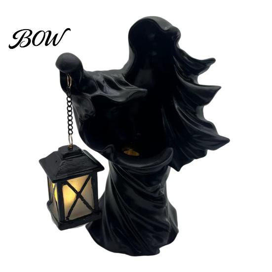 Resin Night Lights for Patio Halloween Ghost Messenger Figurine, Witch Statue with Lantern, Waterproof Indoor Outdoor Whimsical Party Decor