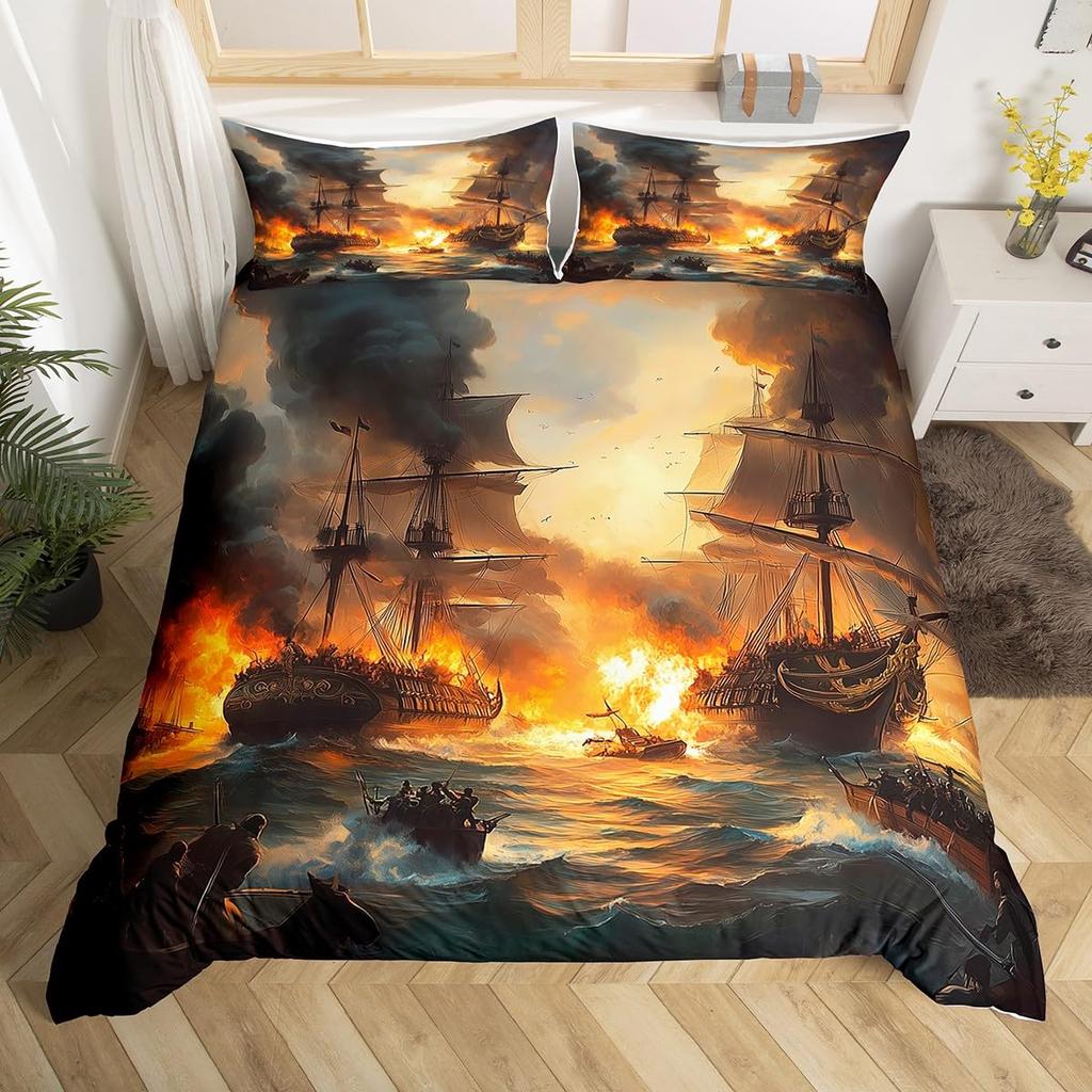 Pirates Skull Duvet Cover Sets for Boys Kids Men Teen Queen Lightweight Bedding Sets Nautical Bedding Set Bedroom Decor No Quilt