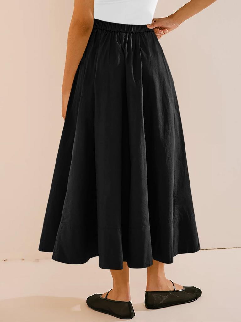 Women's Elastic High Waist A Line Midi Skirt Pleated Flowy Swing Skirt with Pockets