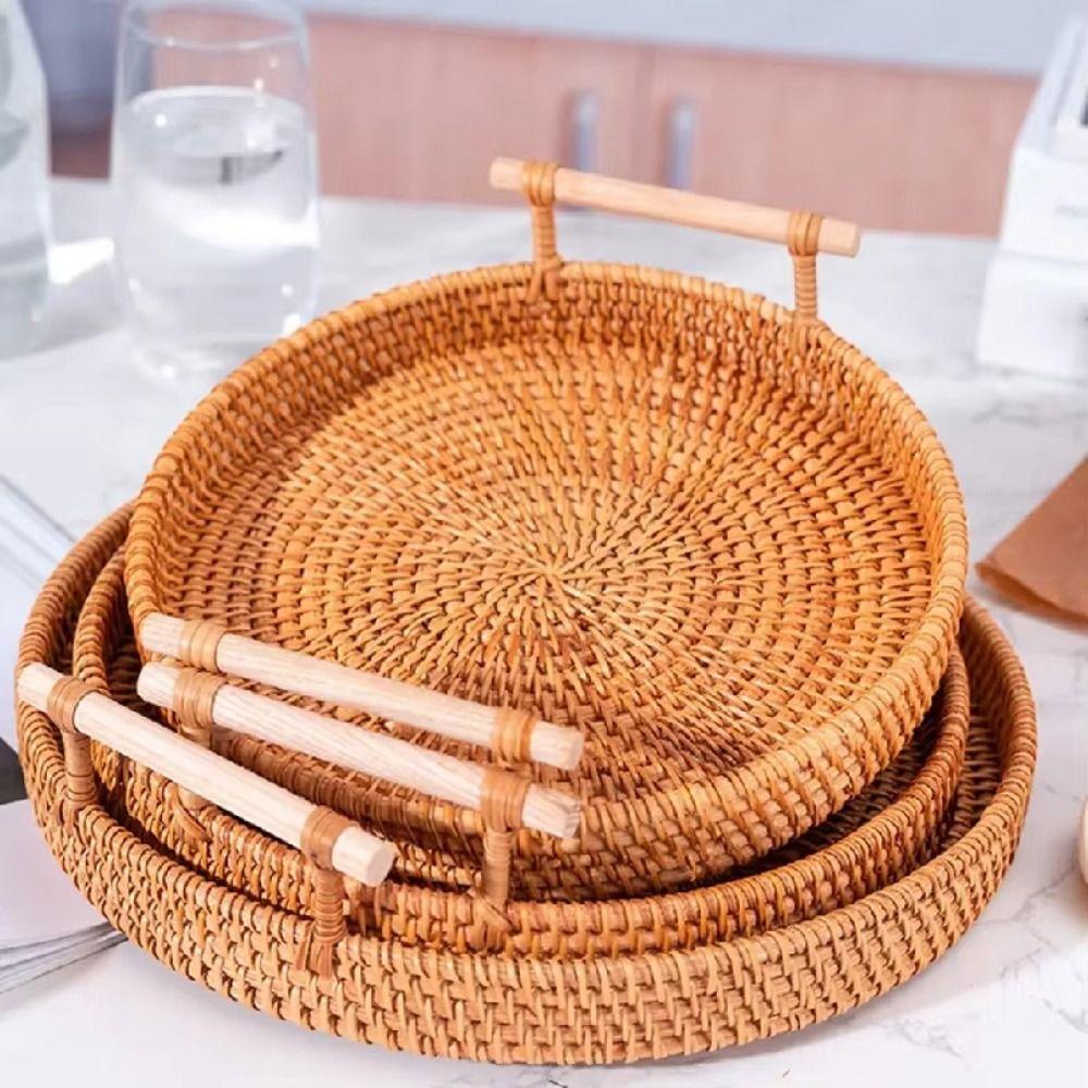 Handwoven Handmade Rattan Tray Round Shape Eco-Friendly Wicker Serving Tray with Handles Large Capacity Food Storage Basket