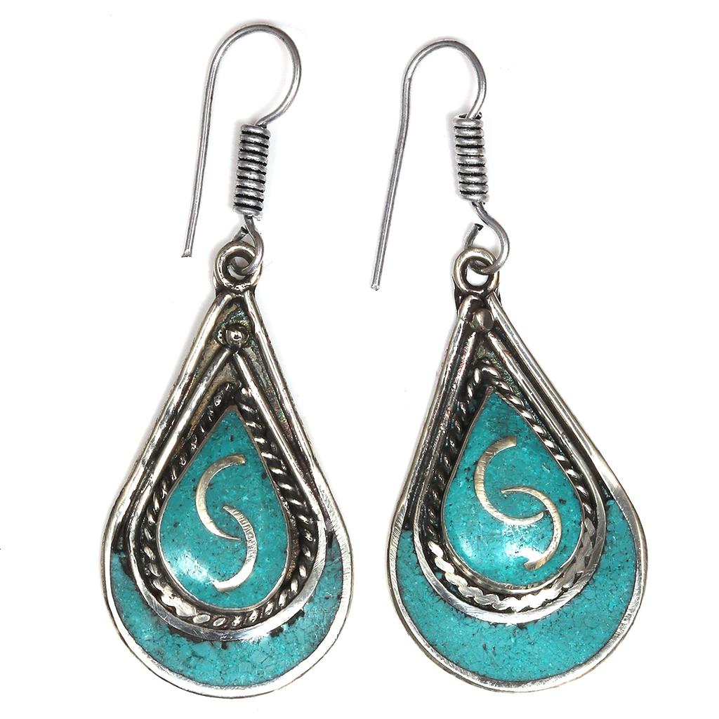 Boucles d'oreilles Tibétaines Turquoise Lapis Lazuli Népalaises Bijoux Faits Main Corail Tribal