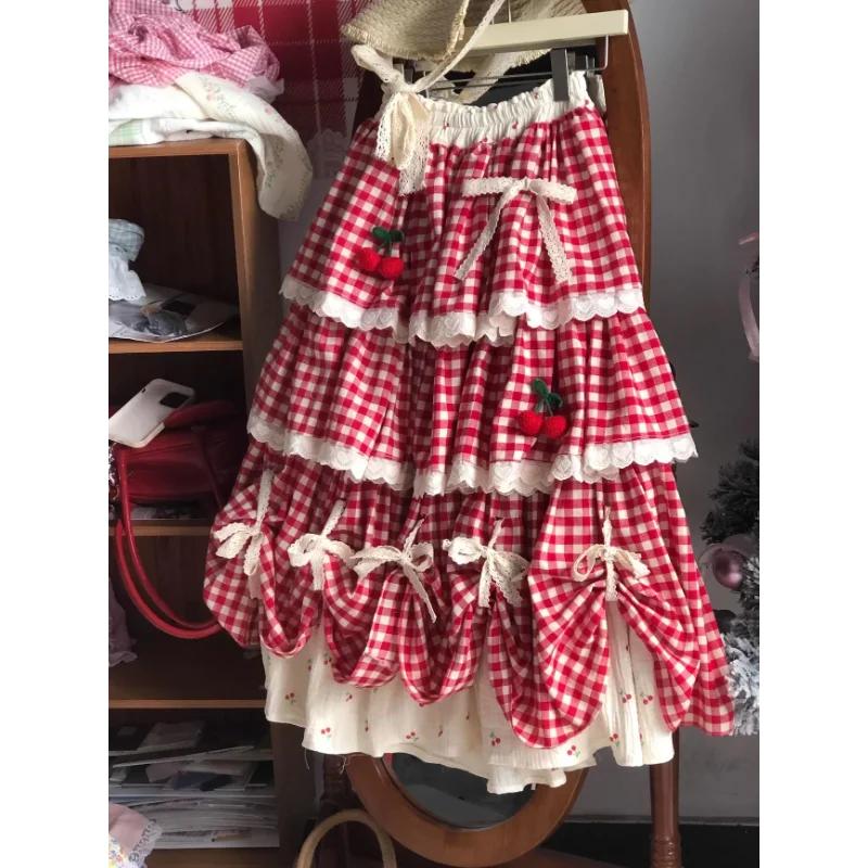 Women s Summer Red Gingham Ruffle Skirt Cherry Decor Lace Trim S