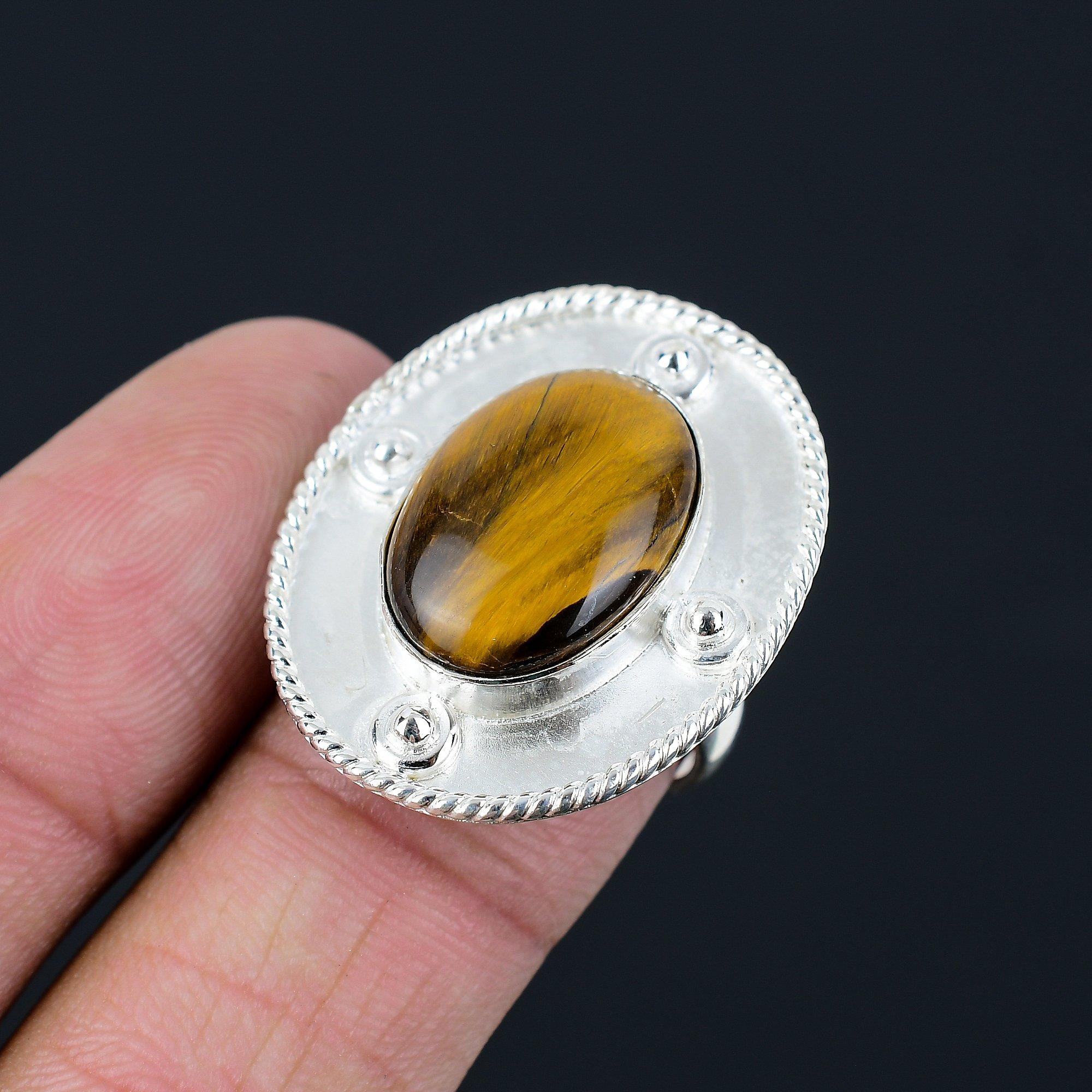 

Oval Tiger Eye Gemstone Sterling Silver Ethnic Stackable Statement Ring Size 7 7