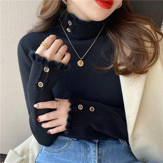 Women's Fleece-Lined Sweater: Thick, Fashionable, Warm Base Layer with Half-High Collar for Autumn/Winter.
