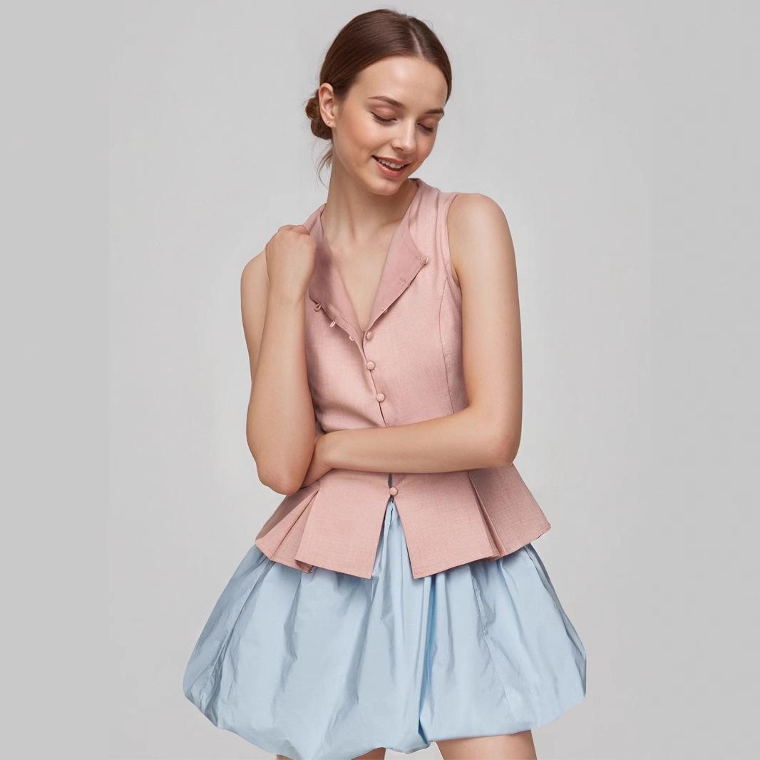 

Женская летняя повседневная однотонная интеллектуальная элегантная внешняя рубашка без рукавов с лацканами для работы XL розовый