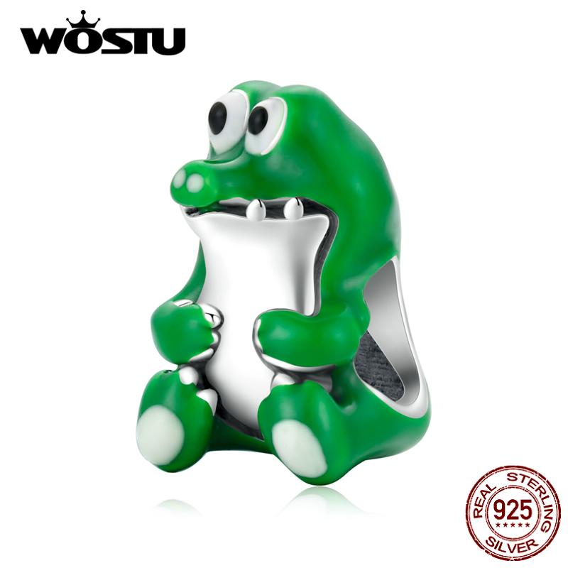 

WOSTU стерлингового серебра 925 пробы милый зеленый большеглазый крокодил кулон подходит оригинальный браслет ожерелье DIY ювелирные изделия 925 silver