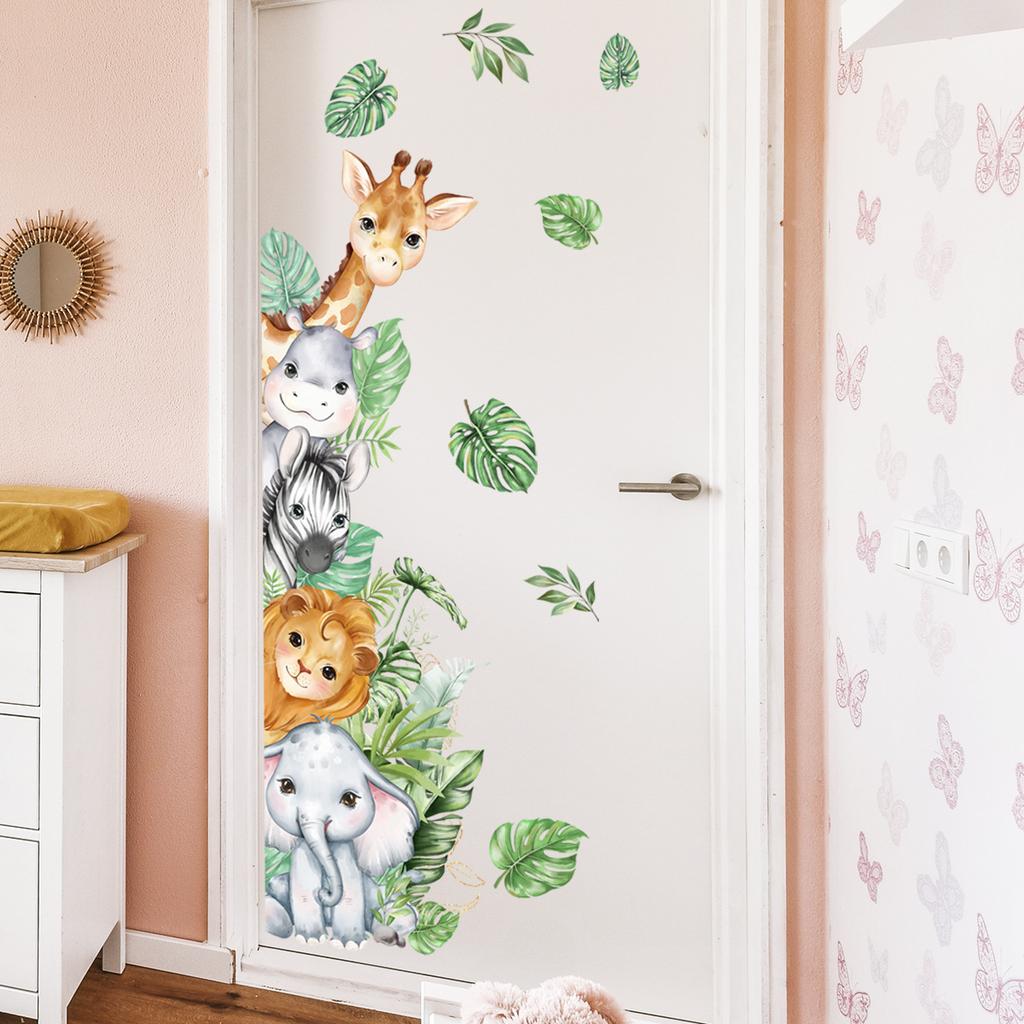 Door Stickers Jungle Animals Elephant Giraffe Wall Sticker for Rooms Baby Nursery Children's Vinyl Decals