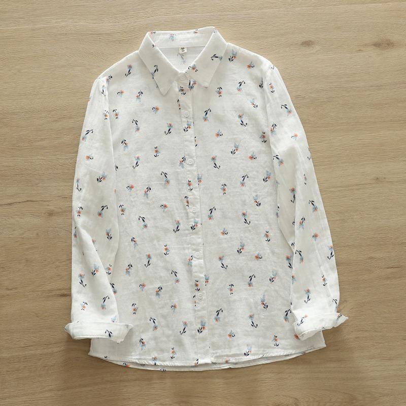 Løvetannmønstret bomullsgarn langermet skjorte for kvinner om høsten løs slankende skjorte topp bluser og skjorter