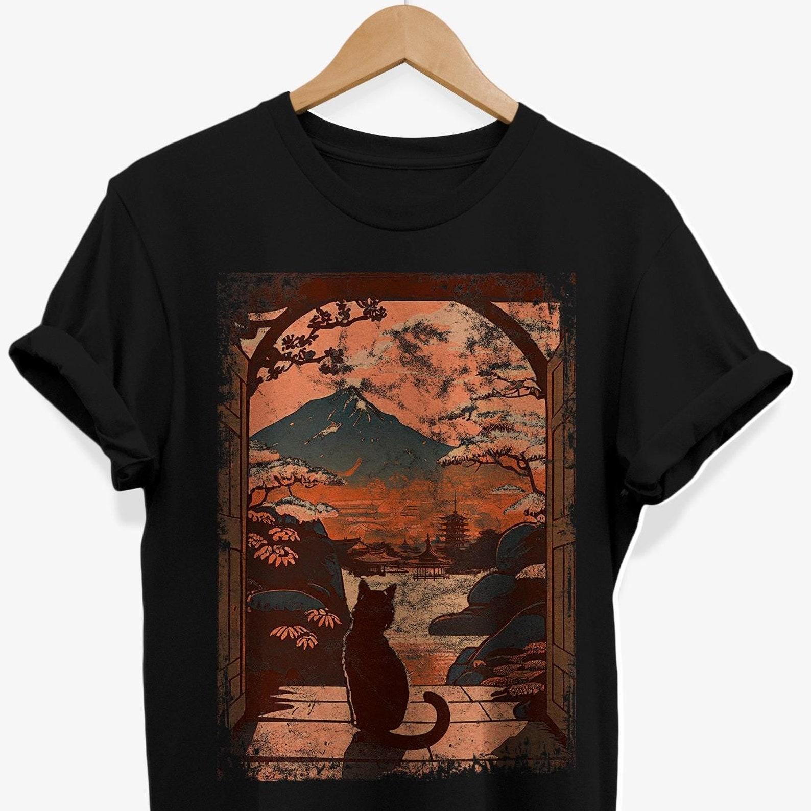 Japanese Cat T-Shirt: Mount Fuji Sunset, Ukiyo-e Style L