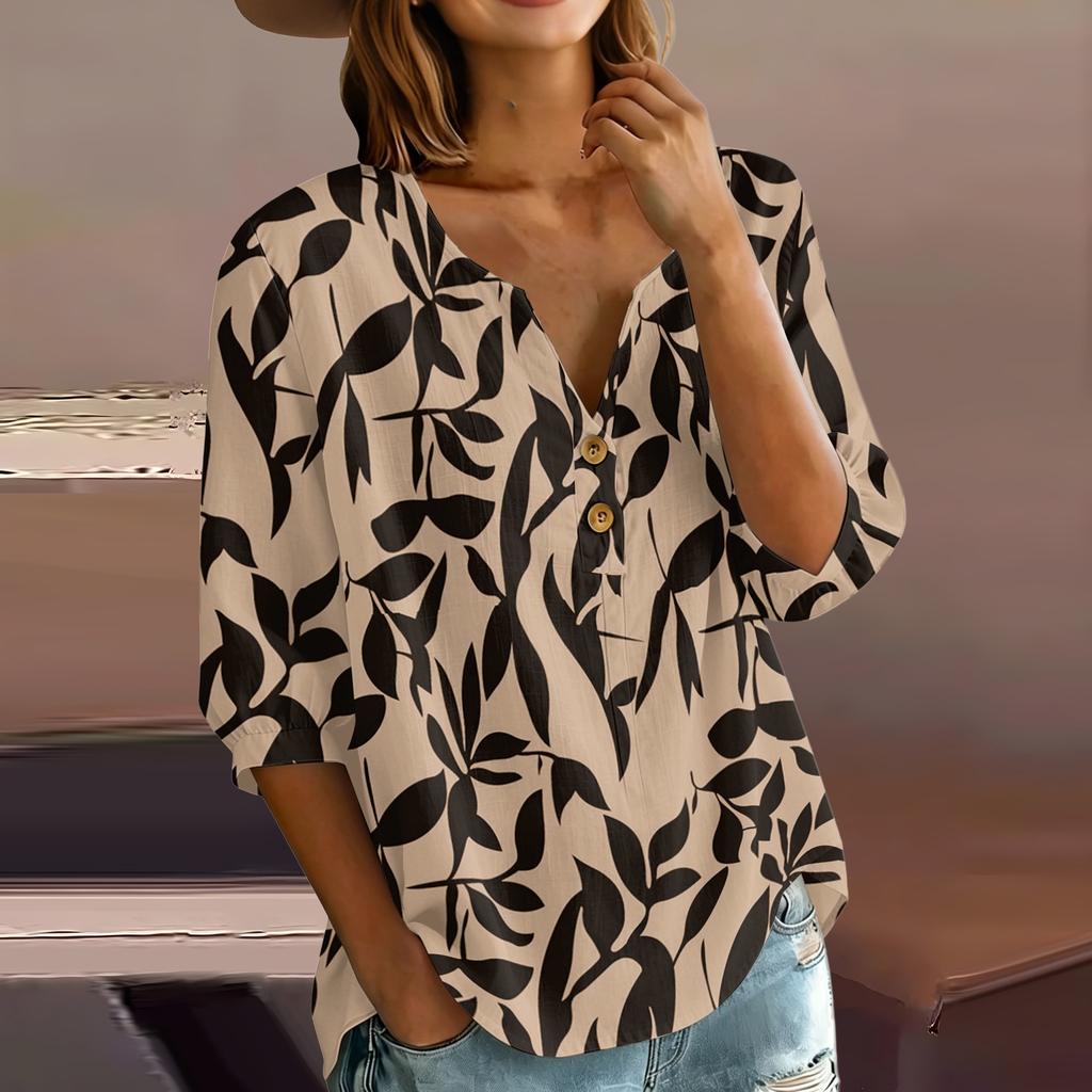 Women's Fashion Printed Henley Button Neck Shirt Three Quarter Sleeve Cotton Linen Blend Casual Top