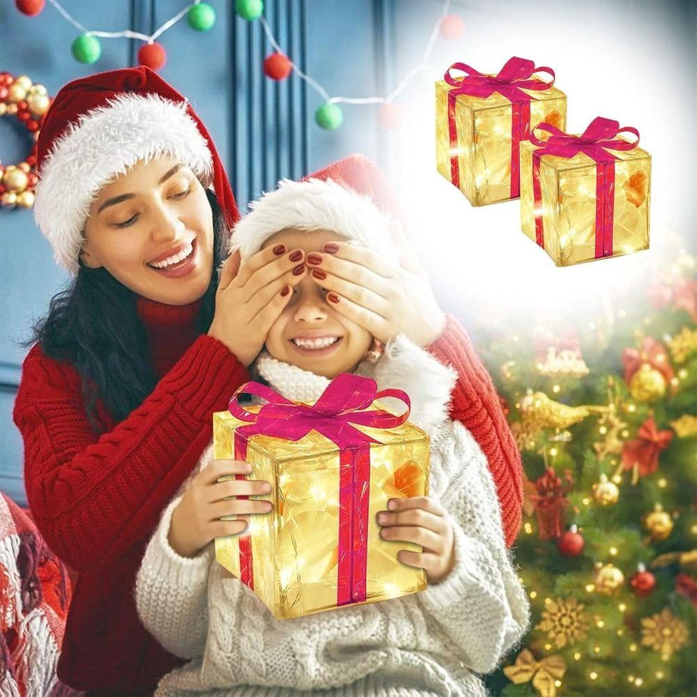 Conjunto de 3 Peças/Conjunto DIY Caixa de Presente de Natal em PVC Luminosa com Fita de Laço Caixa de Iluminação de Natal Caixas de Presente Dobráveis Iluminadas para Exterior